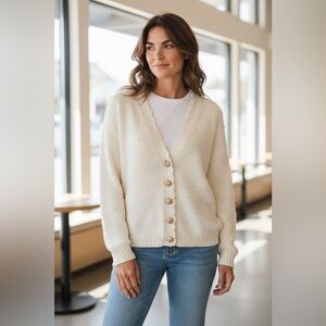 Vtg Knit Cardigan Retro Academia Granny Sweater Cottage Shabby Pearls Large‎
